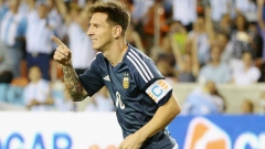 Kapitán argentinské reprezentace Lionel Messi slaví jednu ze svých dvou branek v přípravném zápase proti Bolívii (7:0)